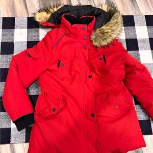Women's Red and Black Jacket with Fur Trim